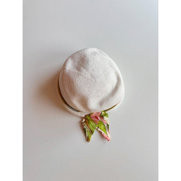 Vintage White Basketweave Green Pink Satin Twill Tie Bucket Hat - Picture 6 of 16